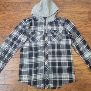 BLUE GEAR Black Gray White Tan Plaid Hooded Flannel Button-Front Shirt sz L EUC